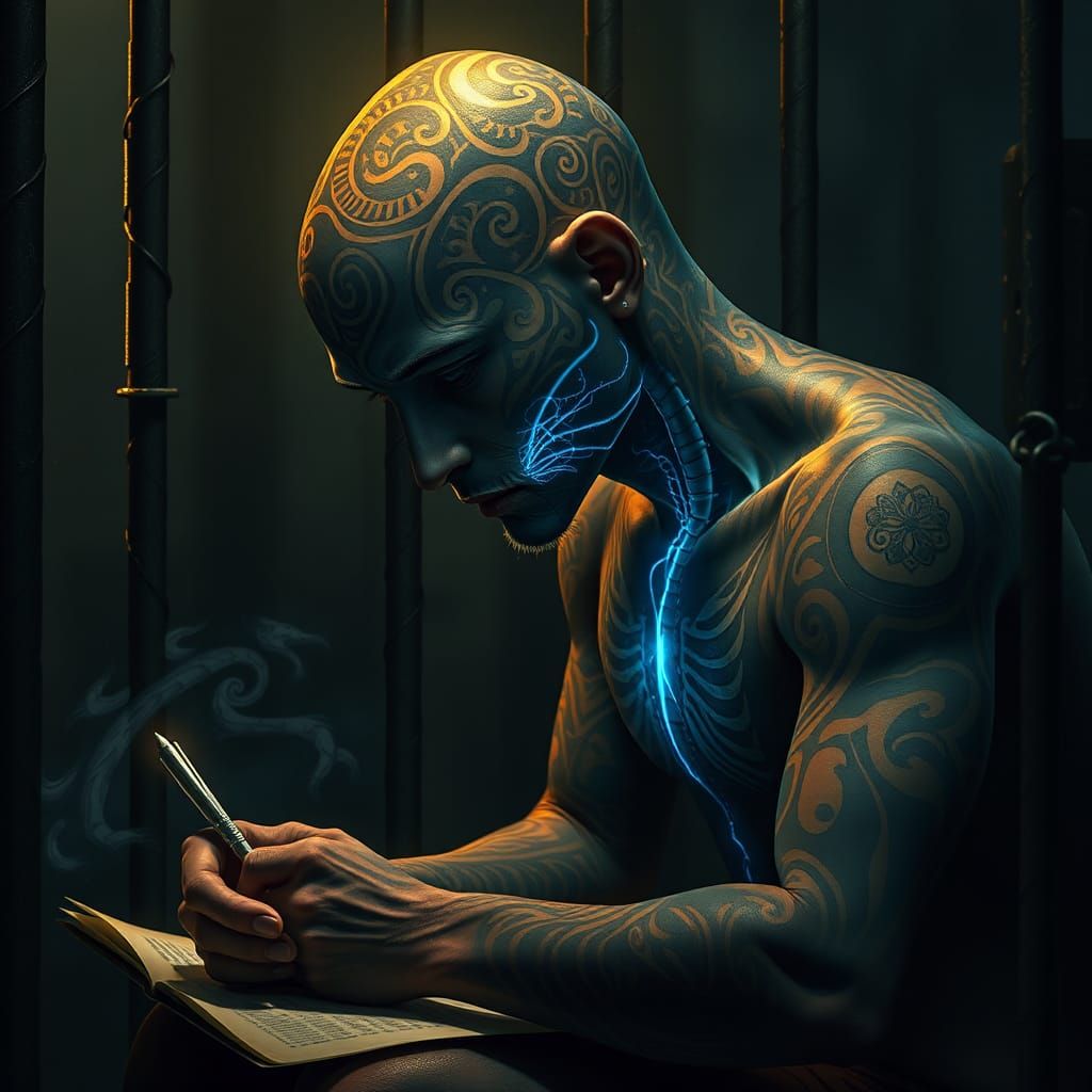 Tattooed Man Writing in Prison Cell, Fantasy Art