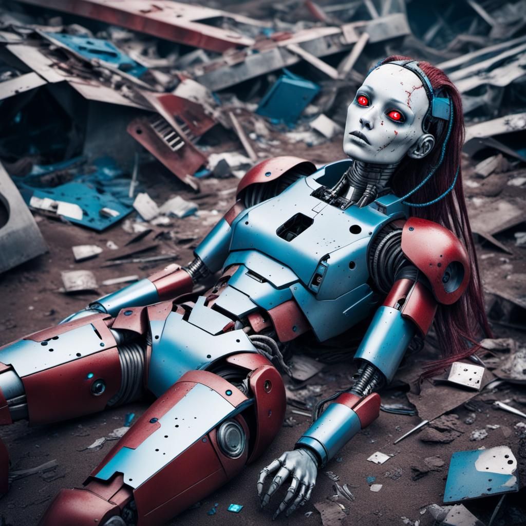 Ruined Cyborg Girl in Landfill: Cyberpunk Polaroid