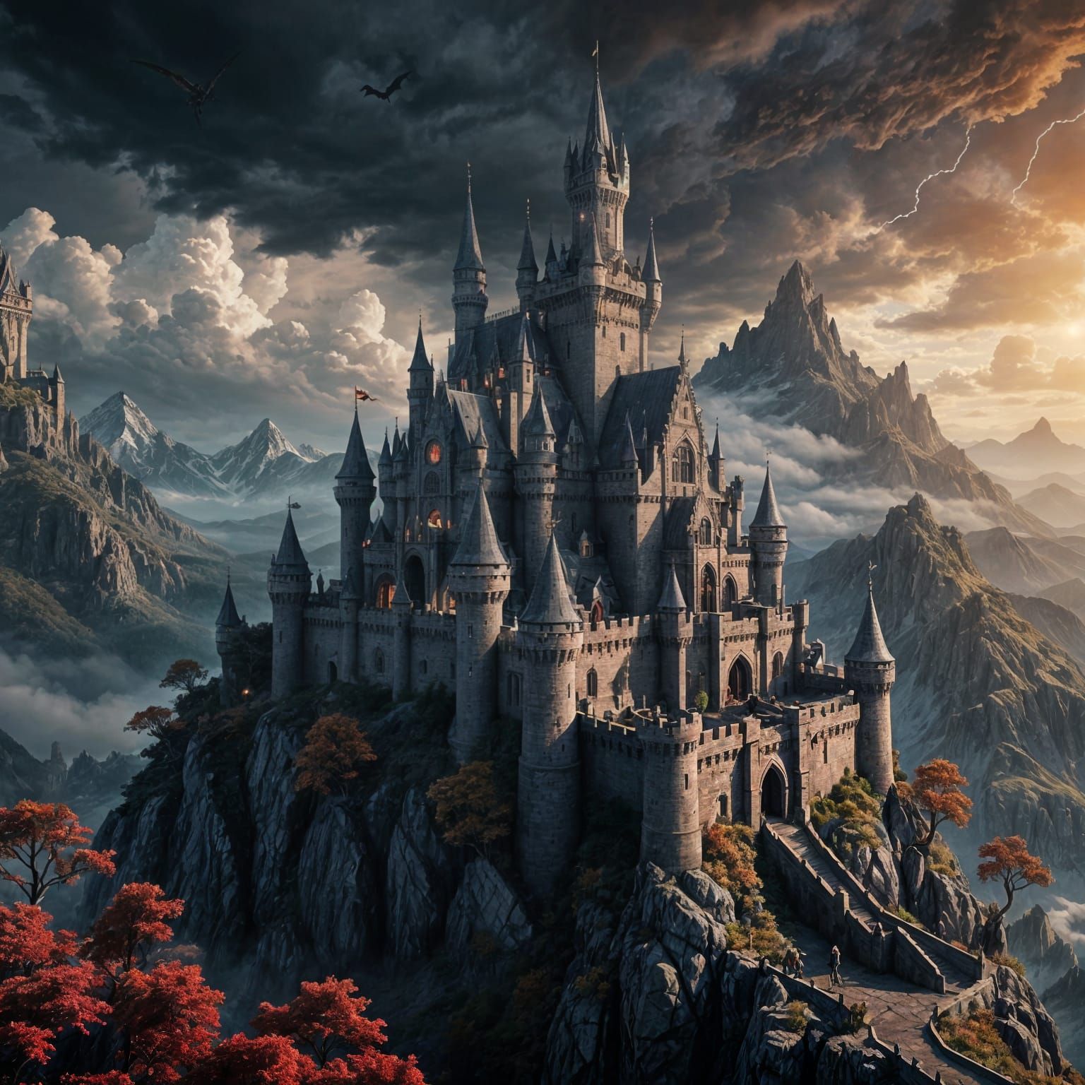 Majestic Gray Castle Towering Above Stormy Mountains