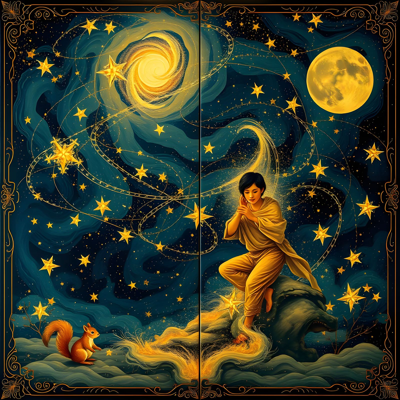 Diptych with Squirrel in Chinoiserie Style