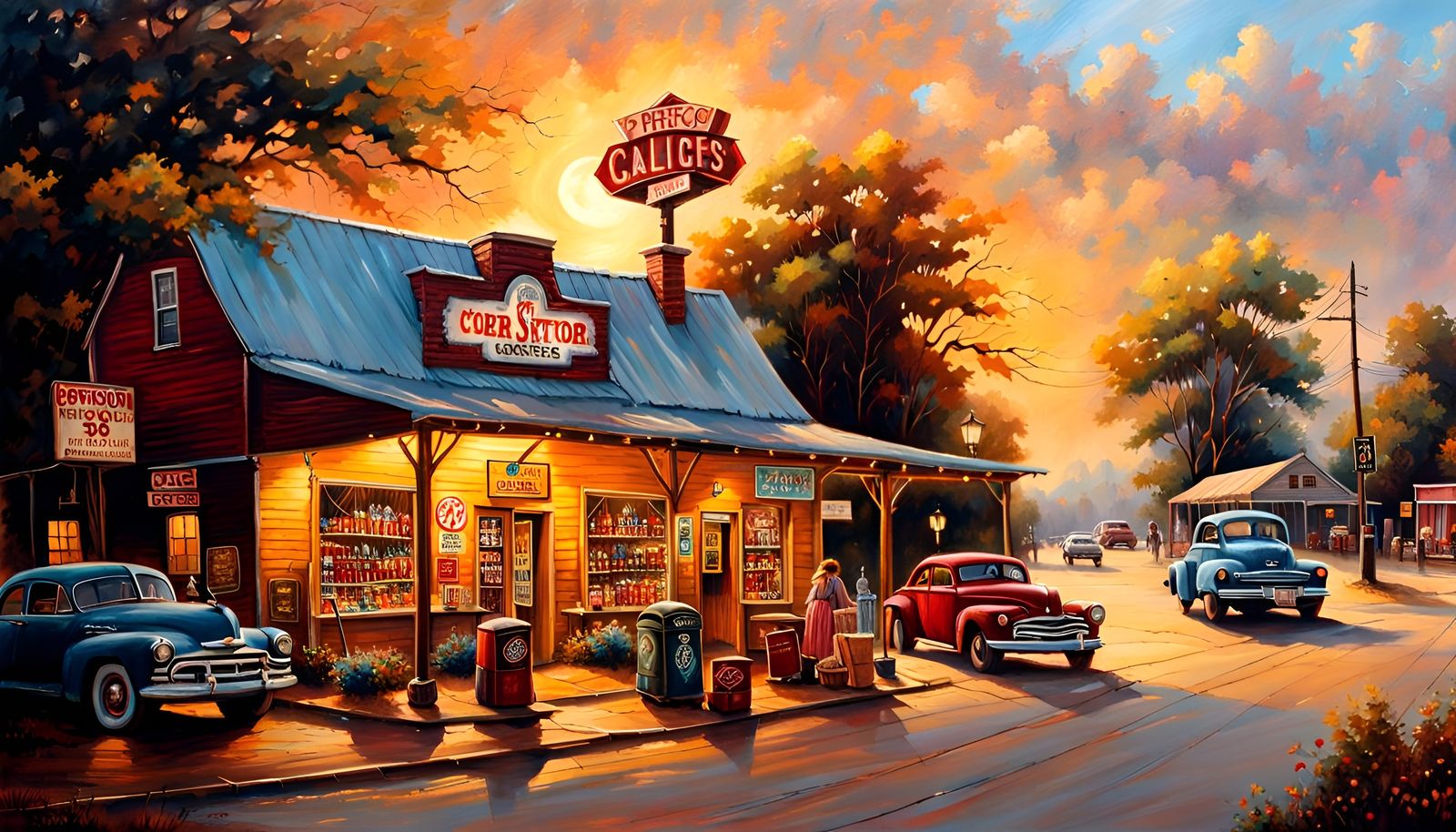 Texas Town Painting: Country Store and Cafe
