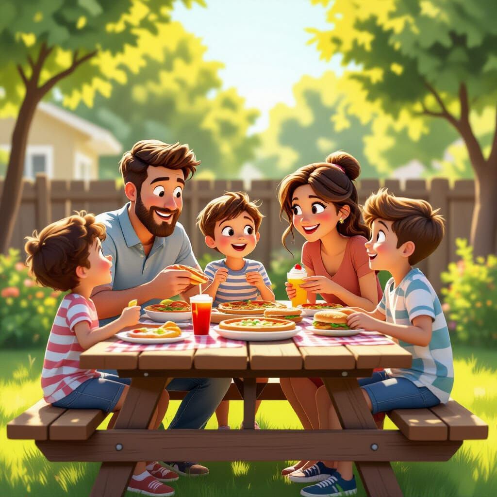 Family Picnic with Pizza and BBQ in Cartoon Style