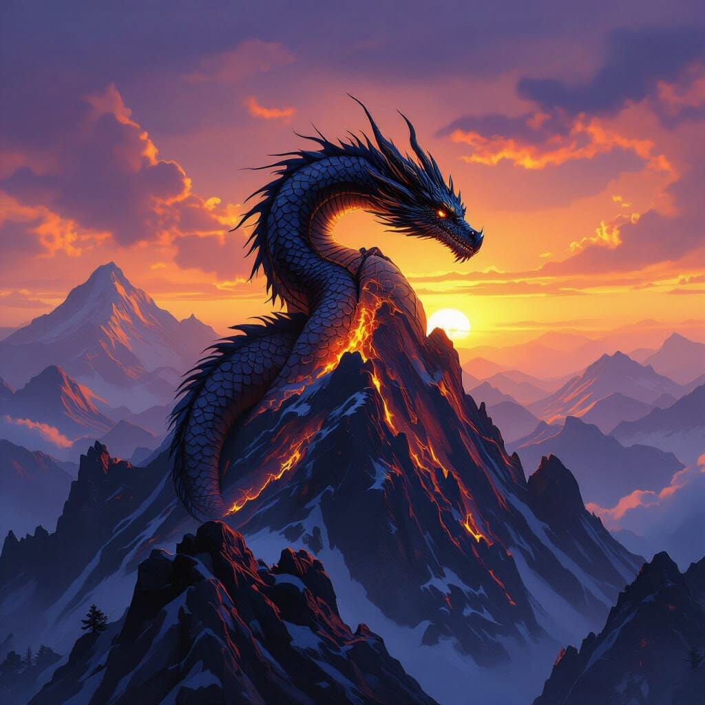 Majestic Dragon on Fiery Mountain at Dawn