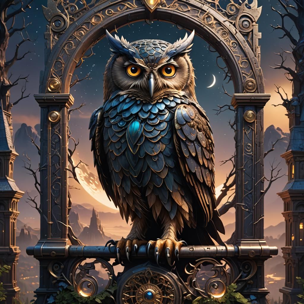Moonlit Iron Owl Matte Painting in Detailed Style