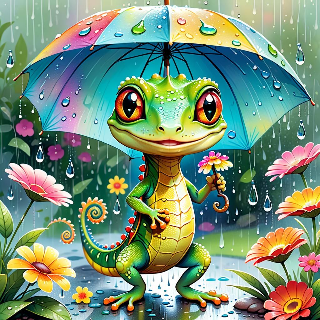 Gecko and Snail Sharing Floral Umbrella