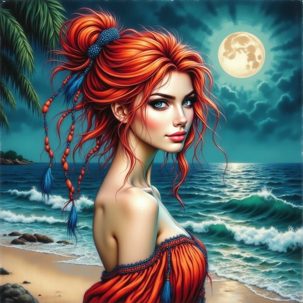 Red-Haired Witch on Bioluminescent Beach