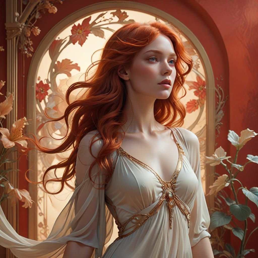 Art Nouveau Model with Flowing Red Hair in Studio