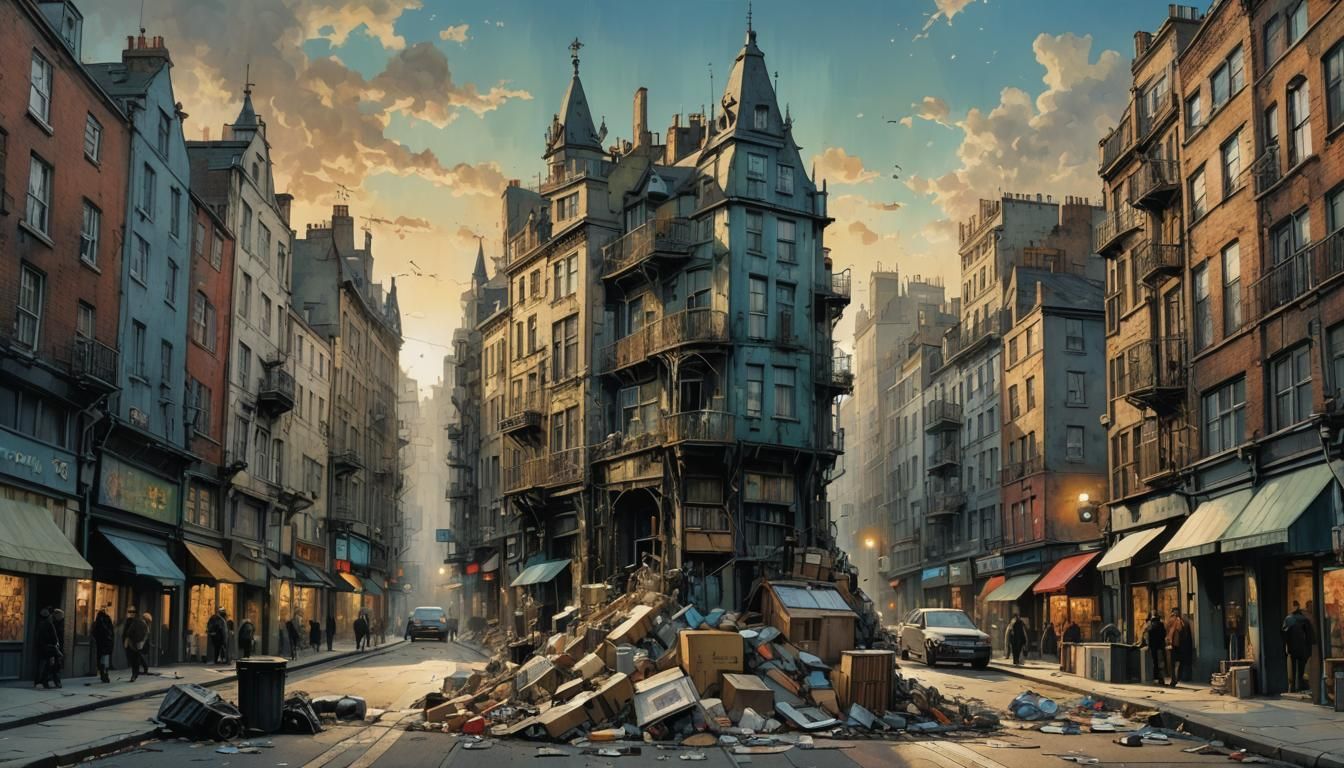 City Street Sculpture from Trash at Dawn