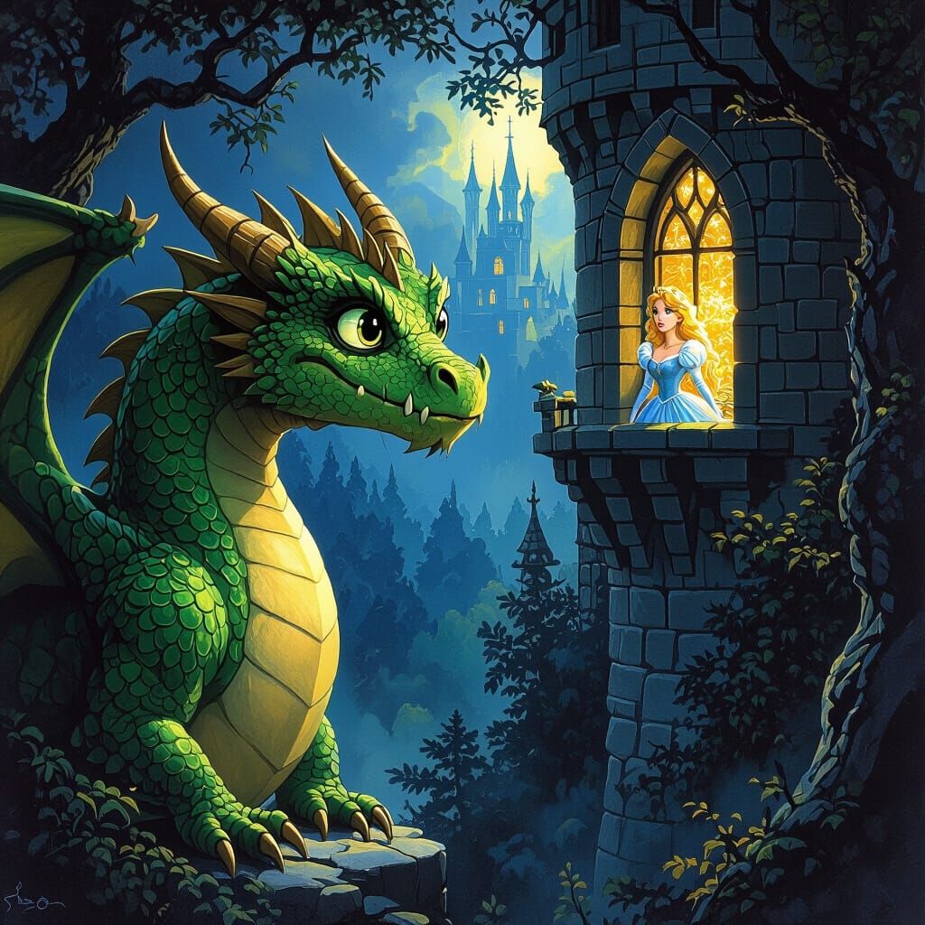 Friendly Green Dragon Roars at Fearful Princess in Fantasy A...