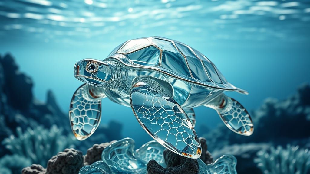 Hyperdetailed Glass Sea Turtle Sculpture in Ocean Scene