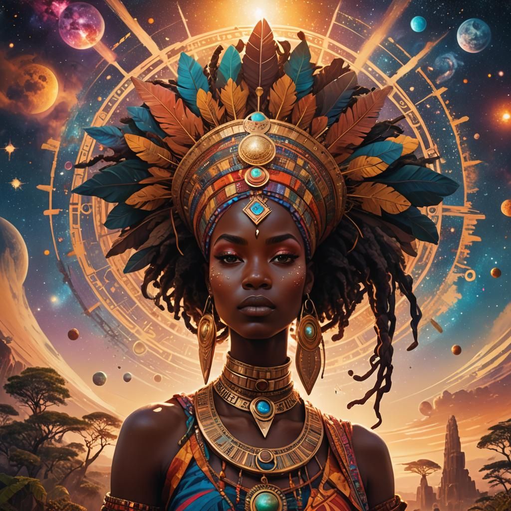 African Woman with Yoruba Headdress, Afrofuturism Art