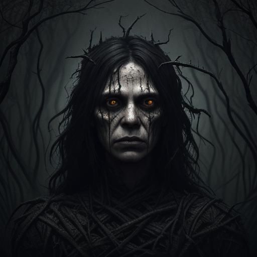 Eerie Portrait Surrounded by Twisted Vines in Dark Surrealis...