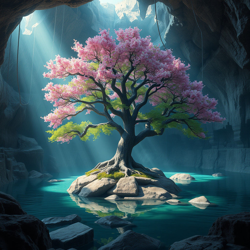 Sakura Tree in Subterranean Lake: Ethereal Matte Painting