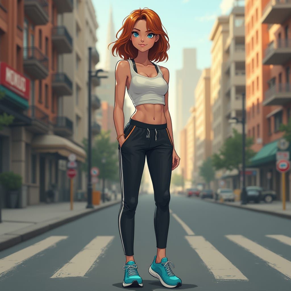 Young Woman Confidently Stands on City Street Corner