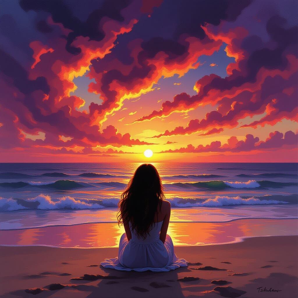 Dreamlike Sunset Oil Painting Over Ocean