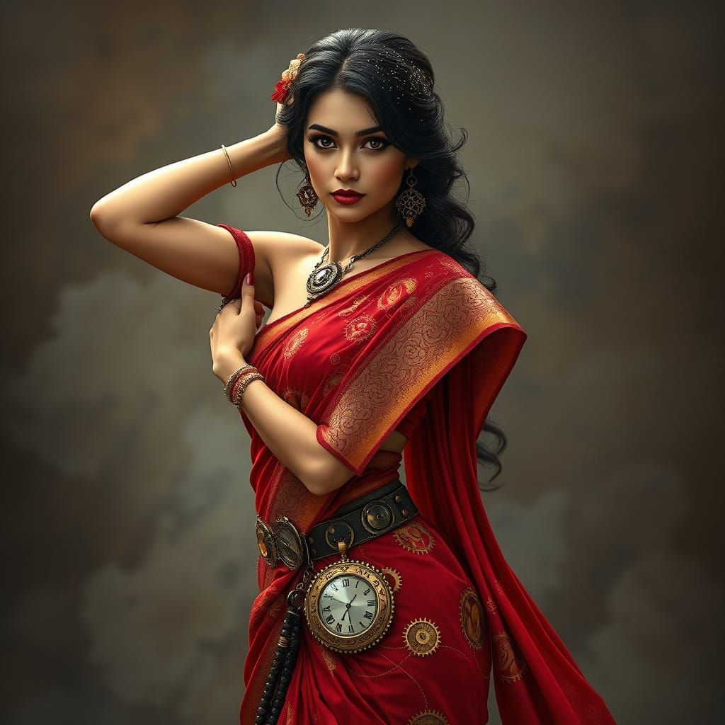 Steampunk Sari Goddess in Whimsical Timeless Pose