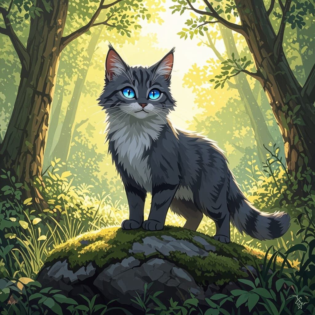 Warrior Cat in Sunlit Forest, Painterly Style
