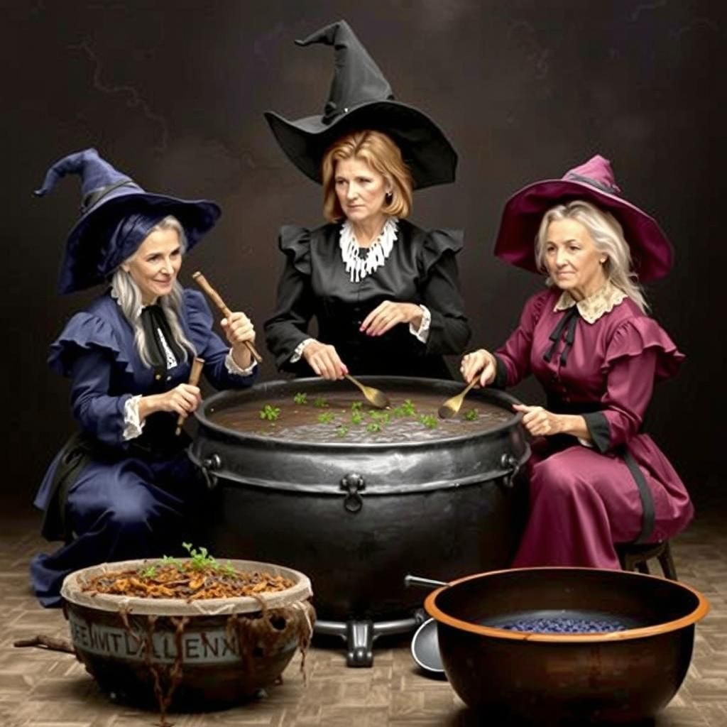 Three Witches Brew Evil Potion in Misty Setting