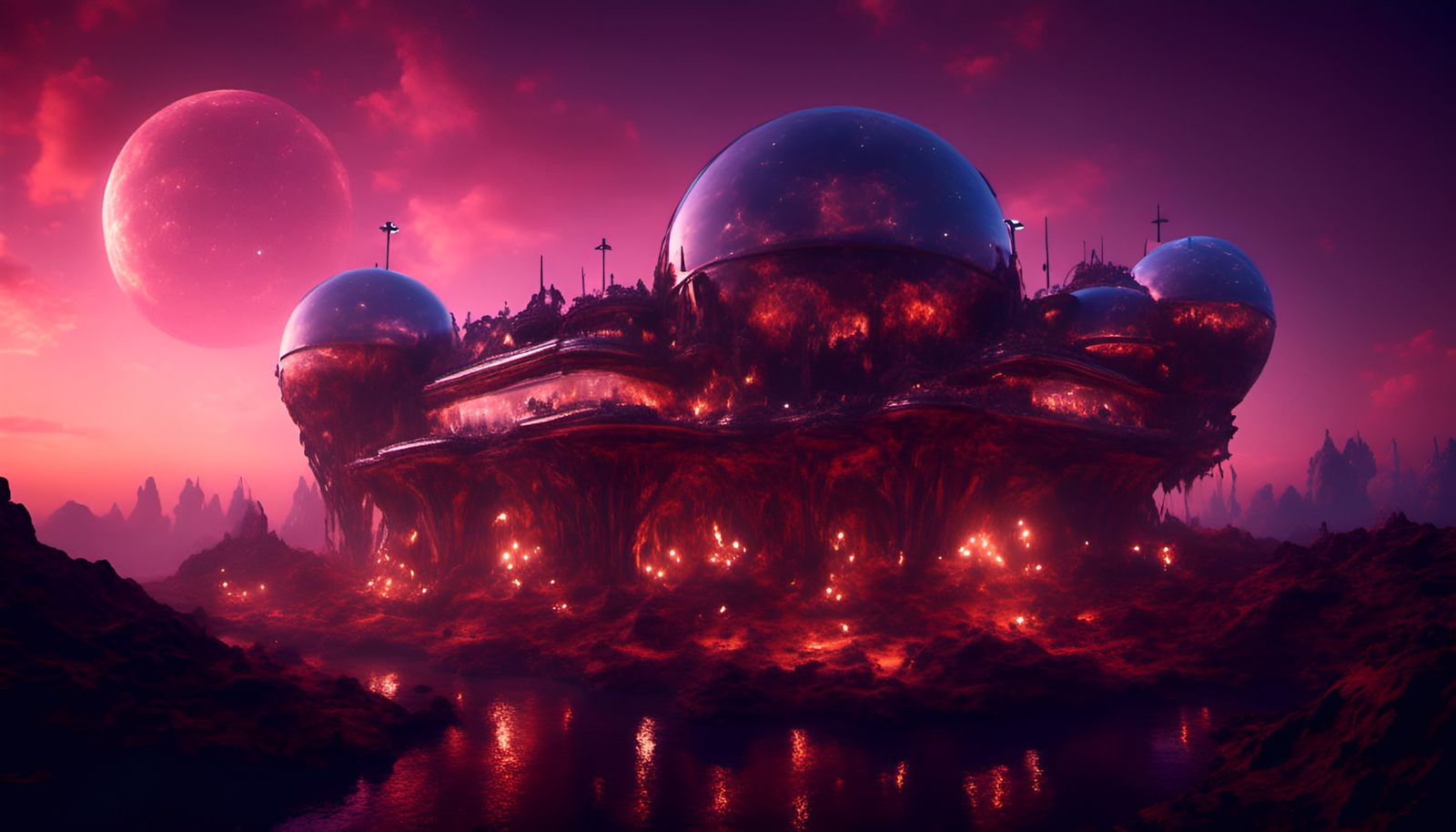 Futuristic Bioluminescent Mars Habitat at Night