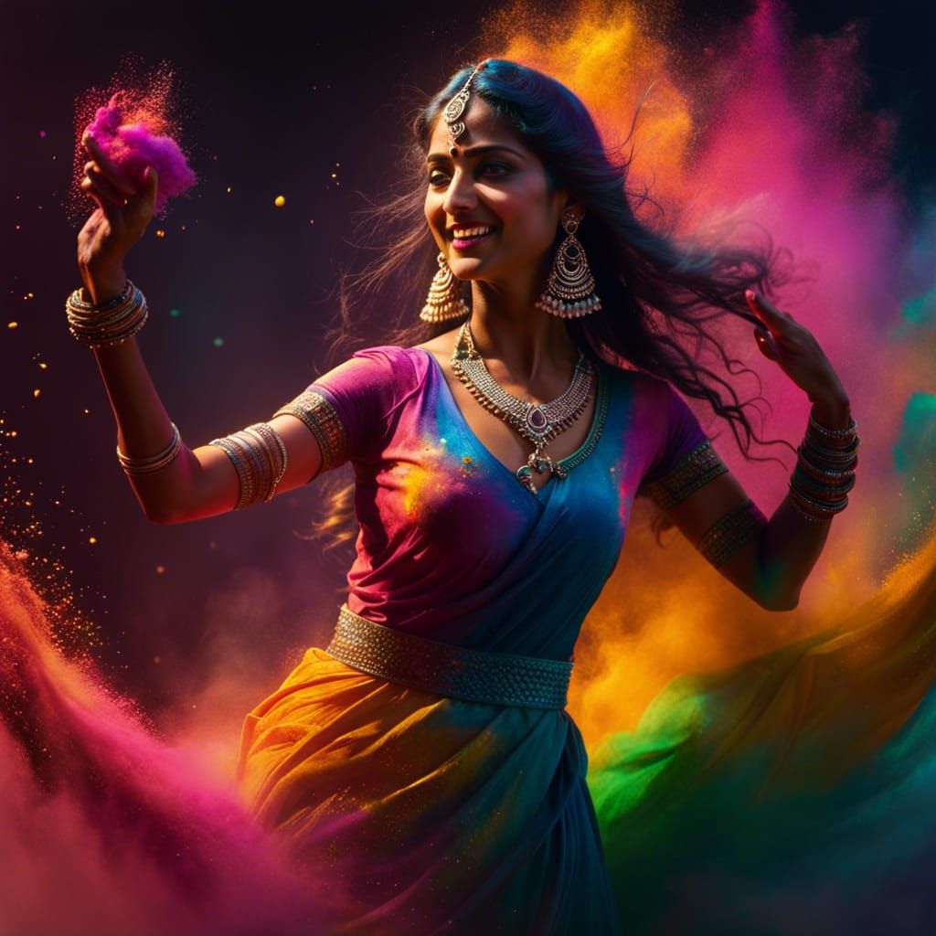Indian Woman Dancing in Colored Powder: 8K Art
