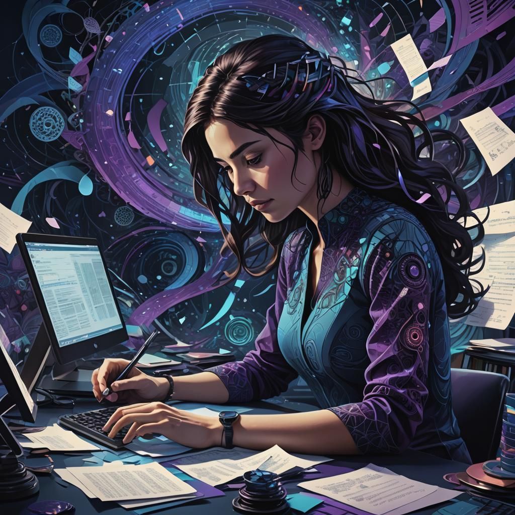 Abstract Digital Art: Woman Working at Futuristic Computer