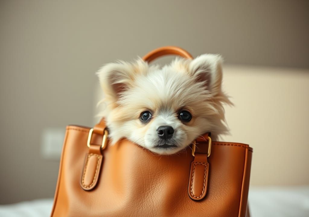 Mischievous Dog in Designer Handbag: High-Fashion Photograph...