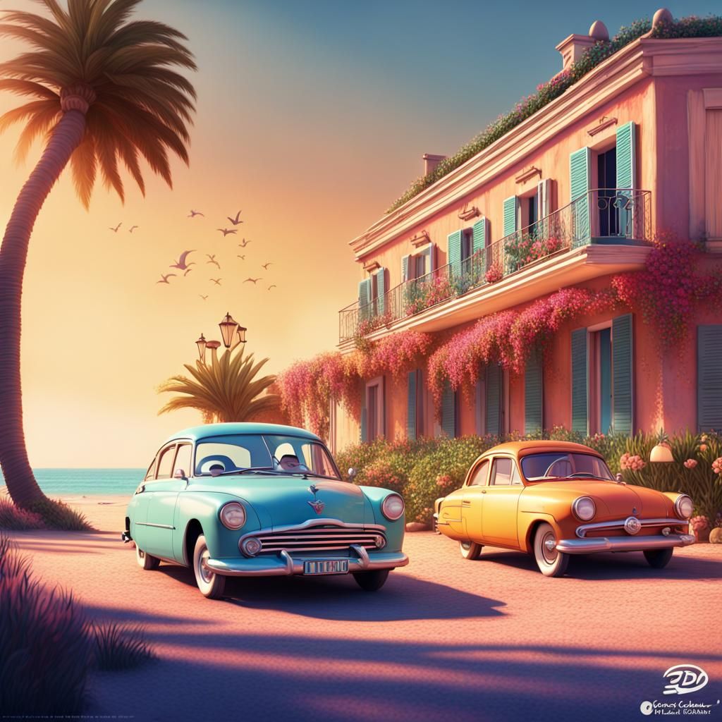 French Riviera Hotel Sunset: 1960s Pixar Style