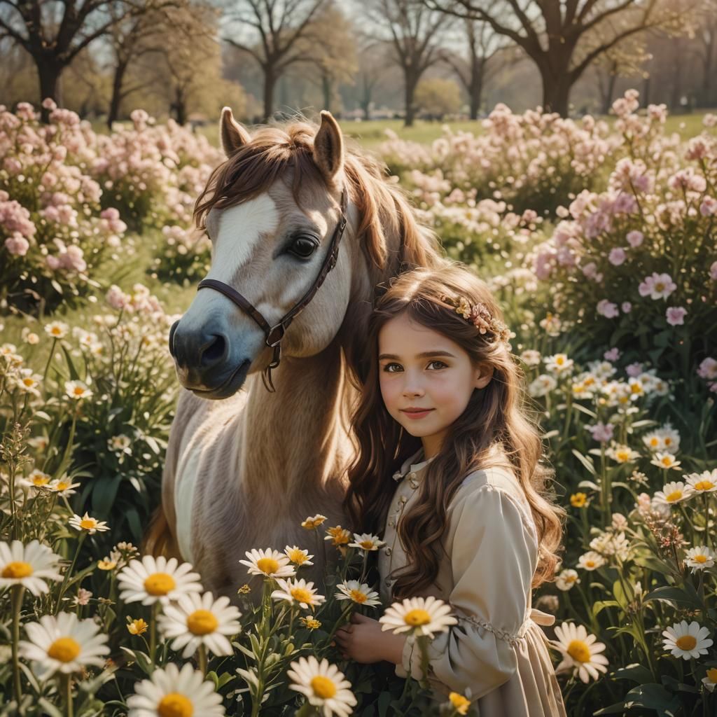 Girl Hugging Pony in Faberge Style