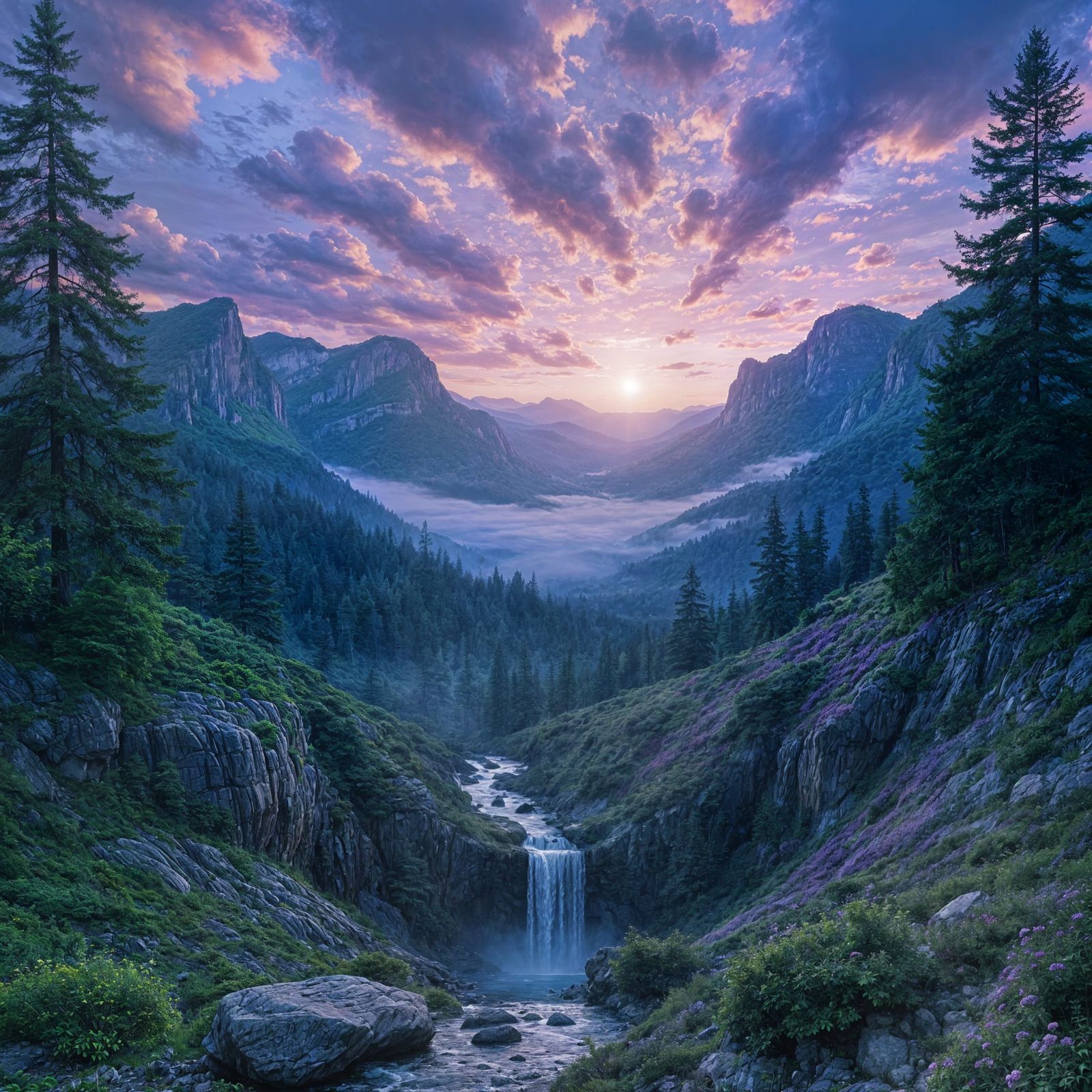 Verdant Landscape Mural with Purple Sky