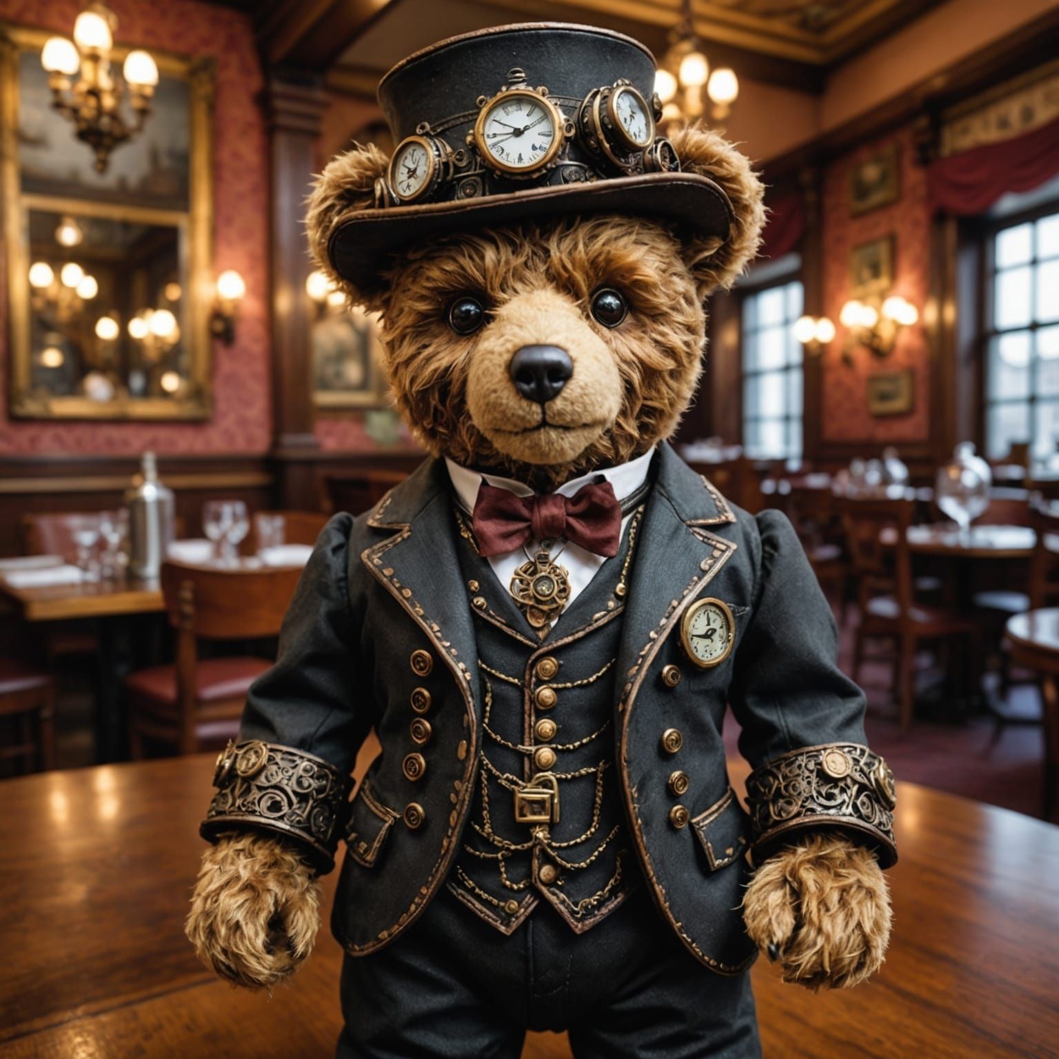 Steampunk Teddy Bear in Victorian Restaurant
