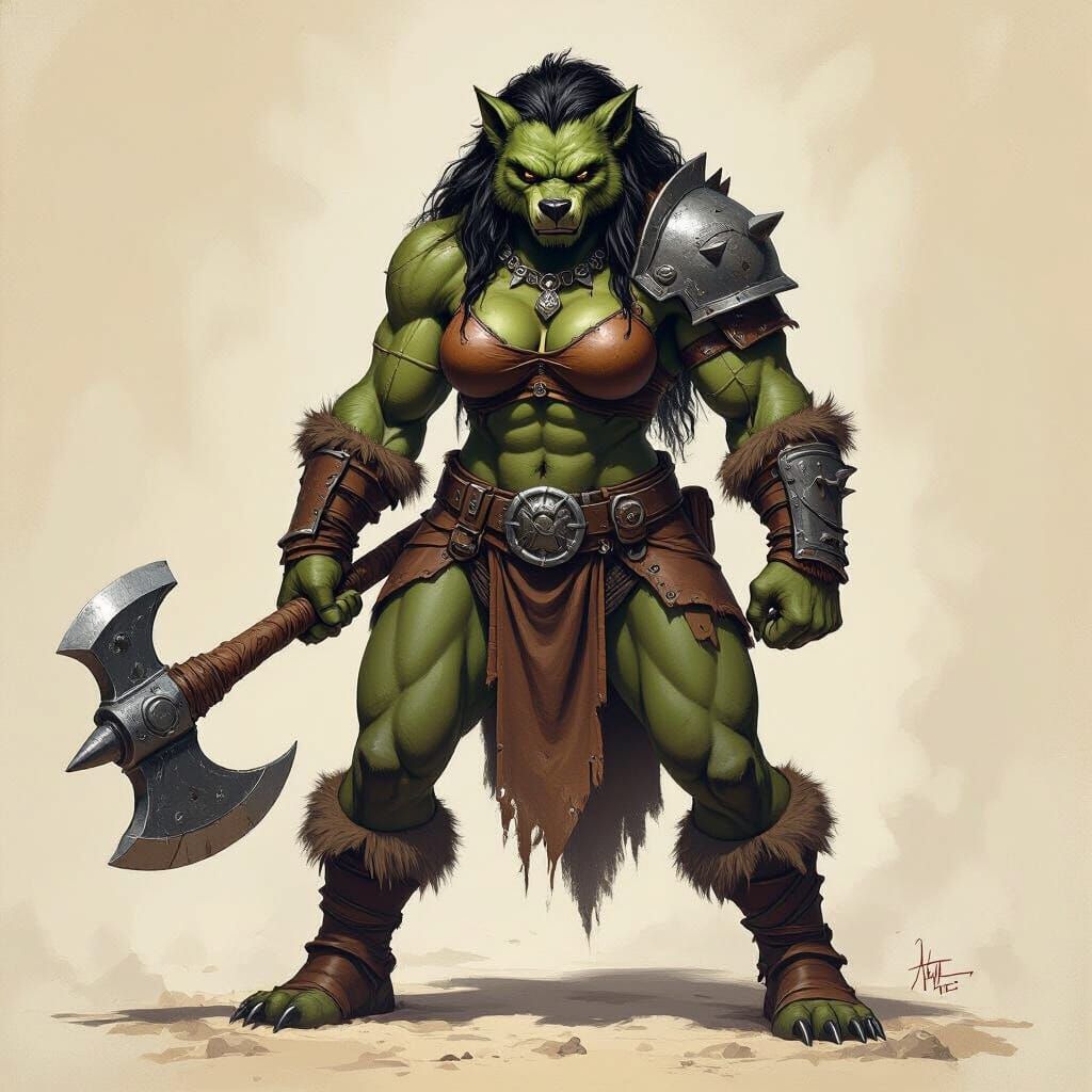 Imposing Female Gnoll with Greataxe in Gritty Fantasy Style