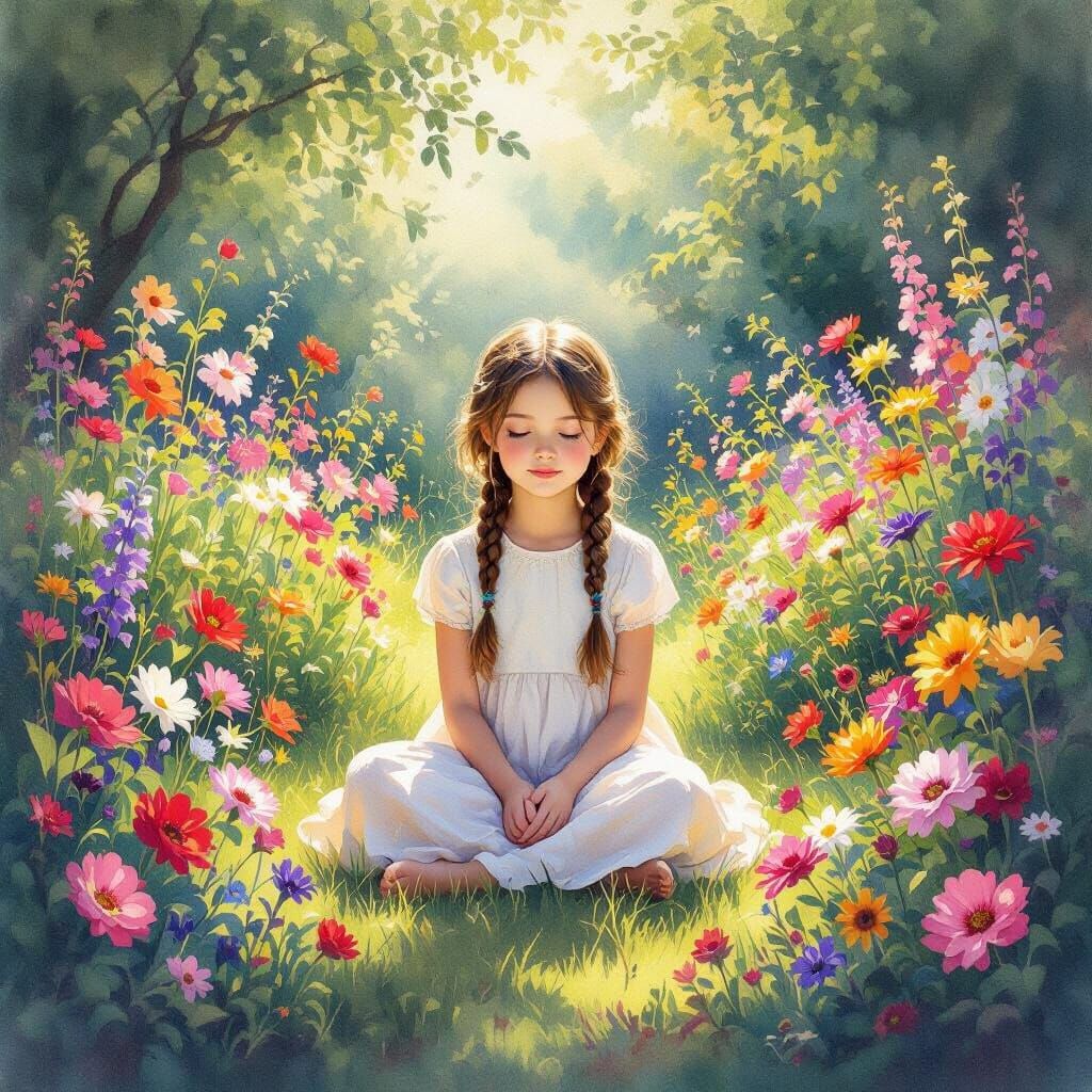 Girl in Lush Garden Overflowing with Flowers, Watercolor Sty...