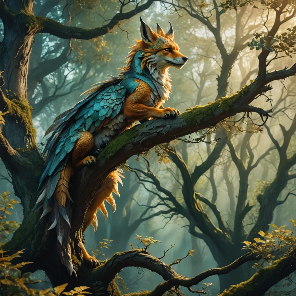 Dragon-Fox Hybrid in Mystical Forest, Art Nouveau