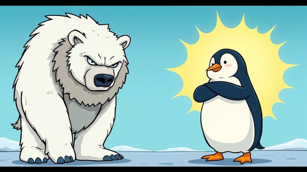 Furious Polar Bear Confronts Confident Penguin in Vibrant Ca...