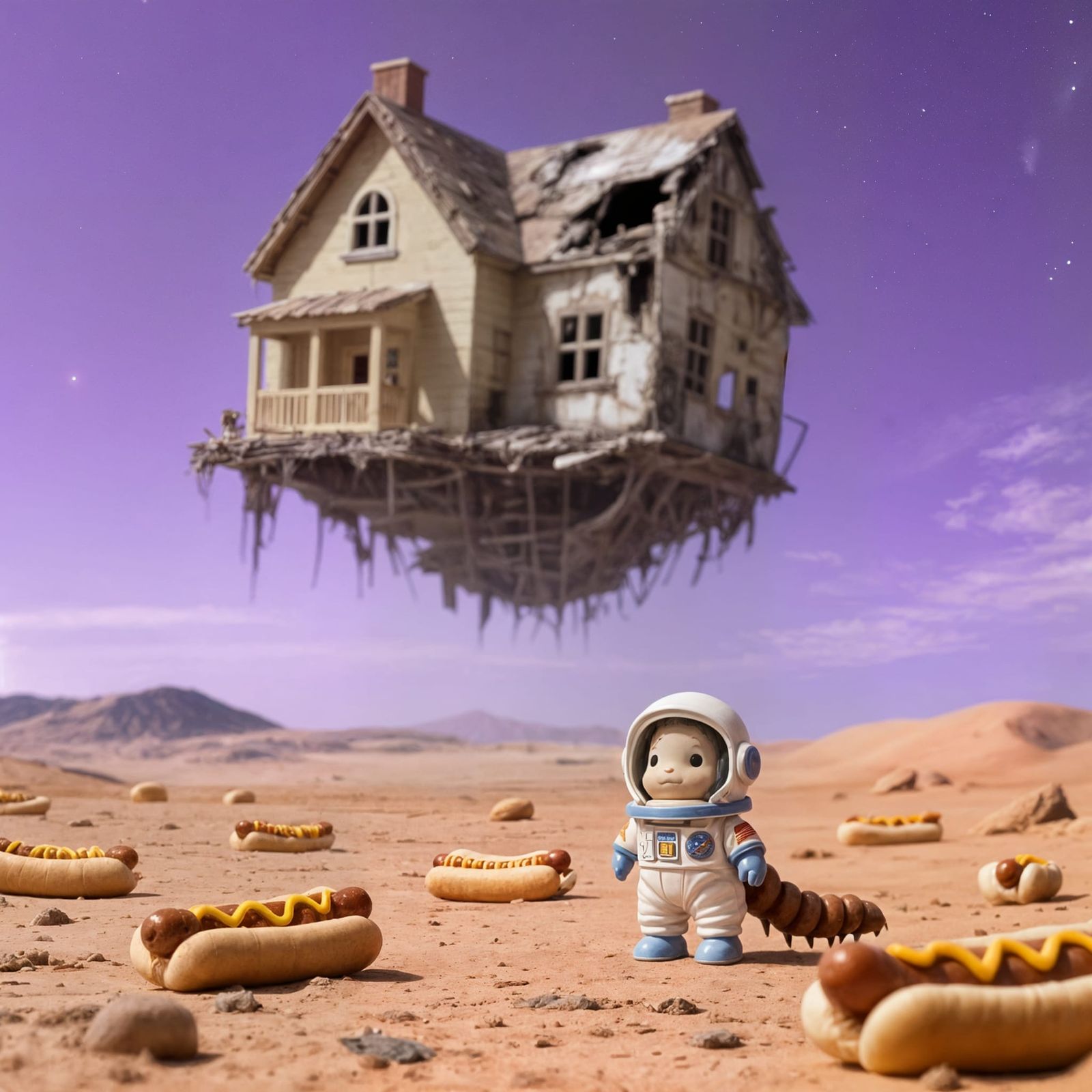 Mealworm Astronaut on Desert Planet with Floating House