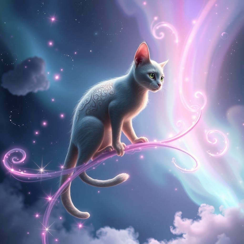 Whimsical Feline Amidst Iridescent Aurora