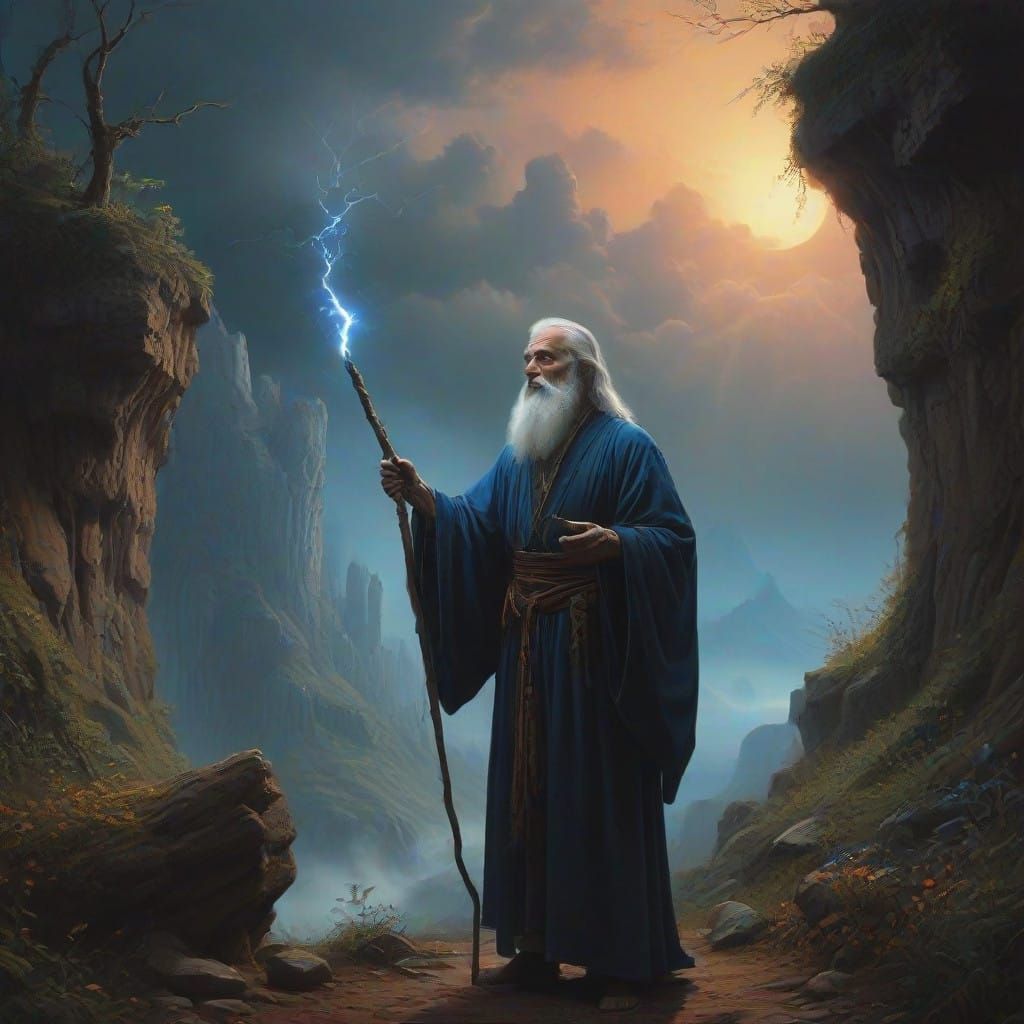 Mystical Wizard in Turbulent Stormy Air