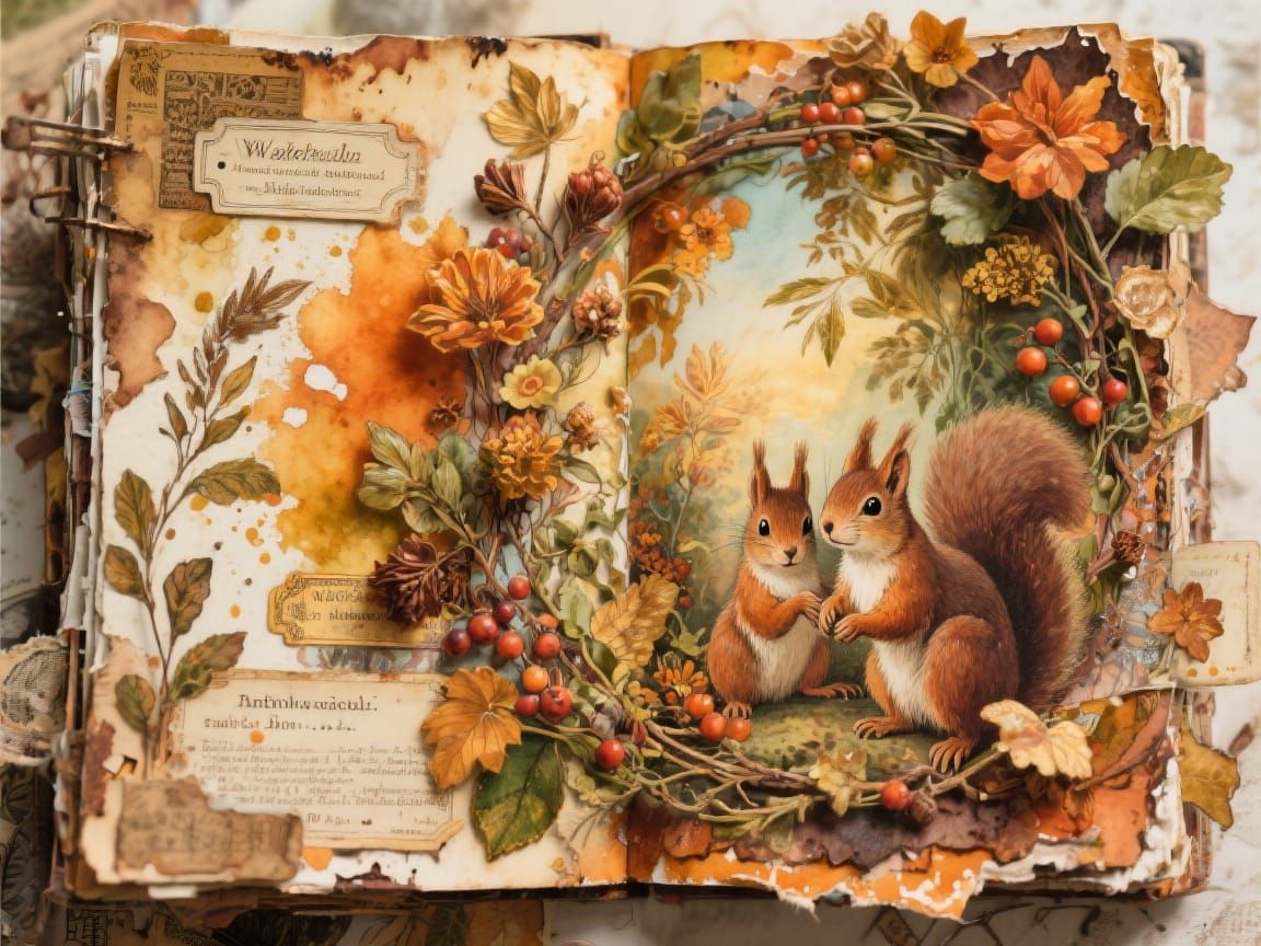 Charming Autumn Junk Journal Page with Squirrels and Botanic...