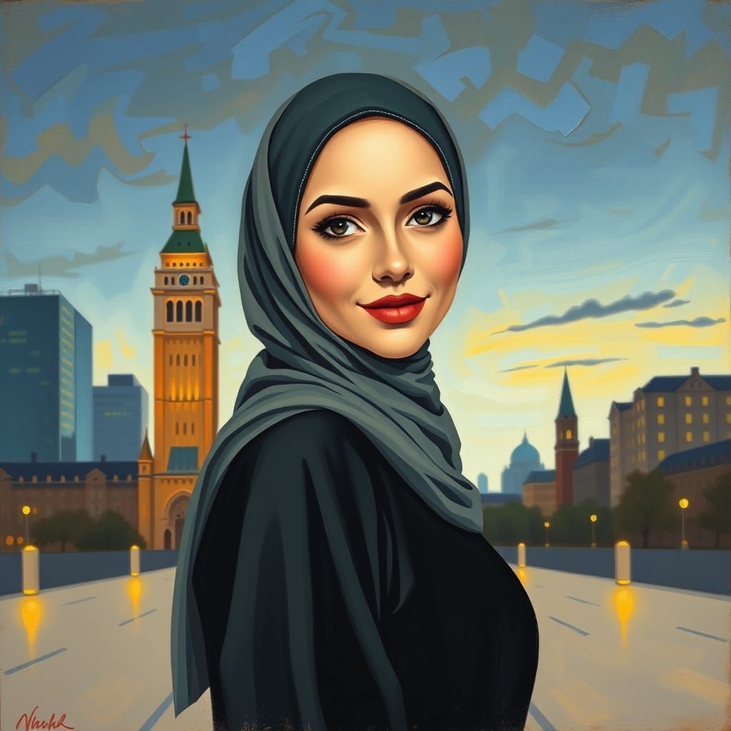 Elegant Hijabi Woman Portrait in Cityscape