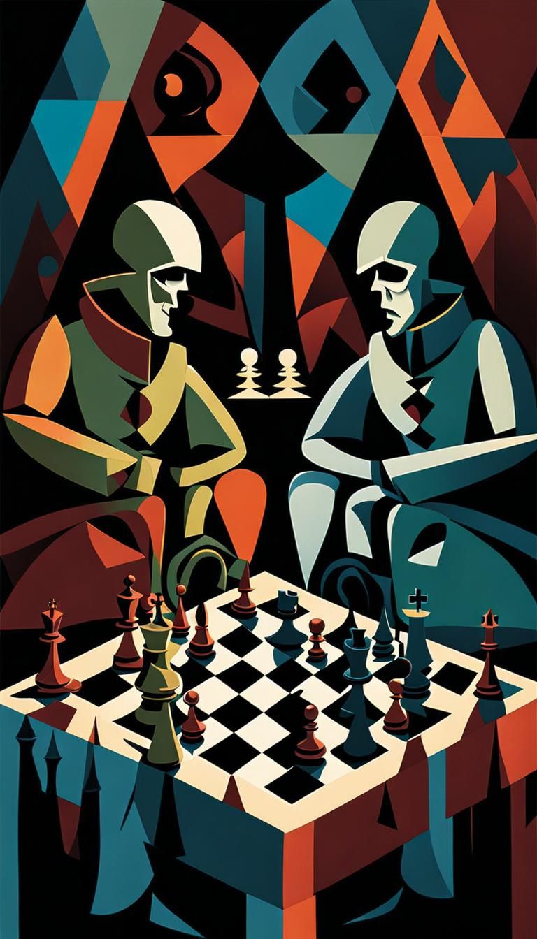 Ghoul and Zombie Chess Game in Cubist Style