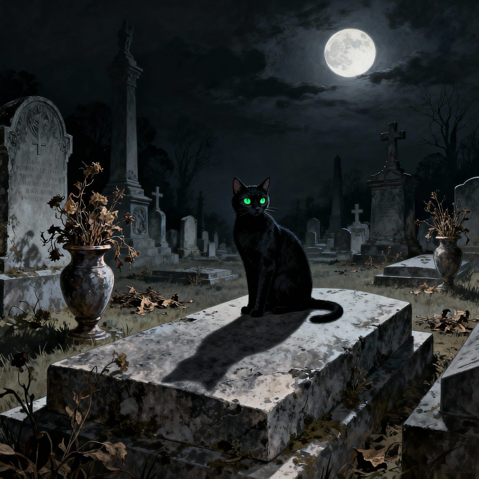 Gothic Cemetery at Night with Black Cat