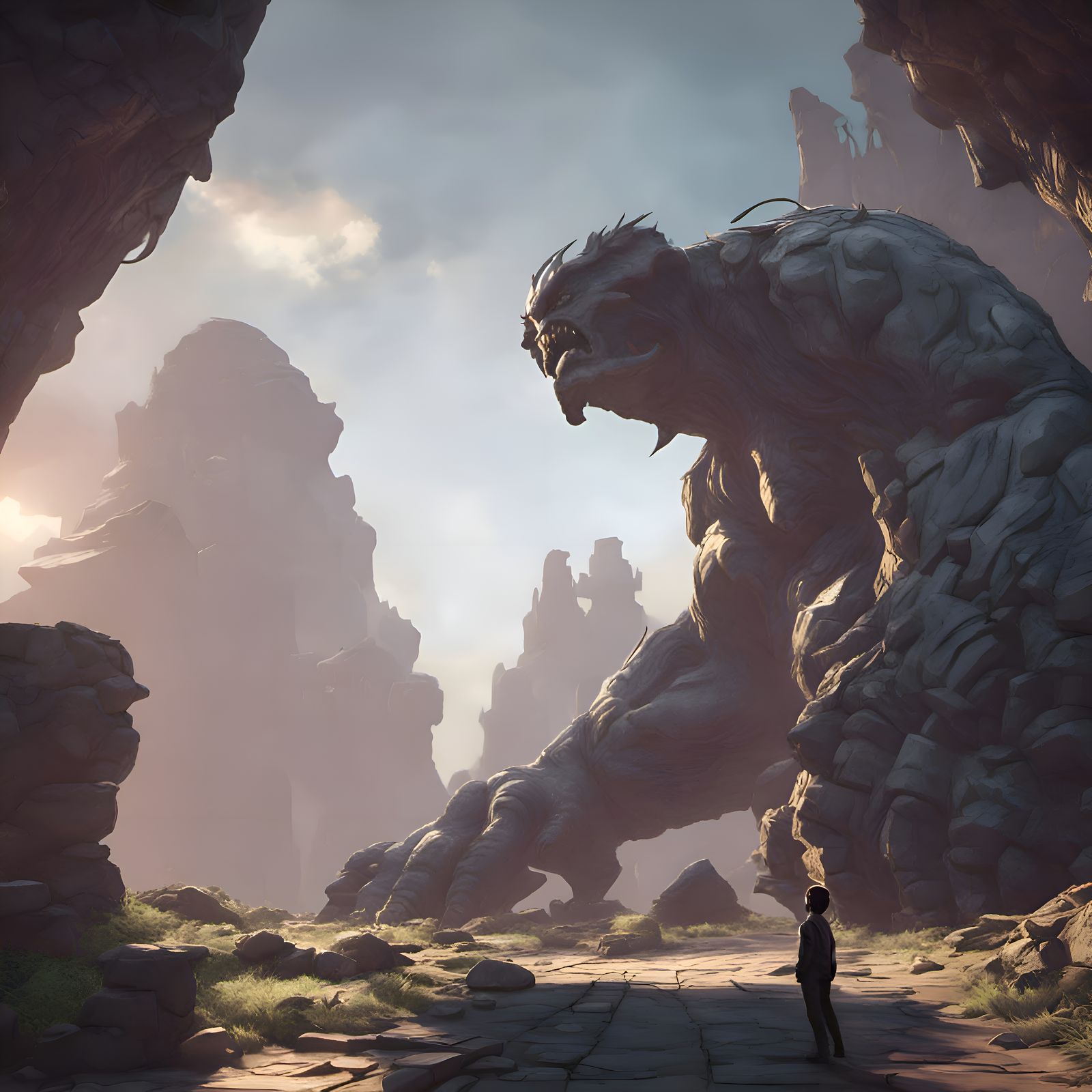 Tiny person looking up at a hulking massive guardian of the underworld