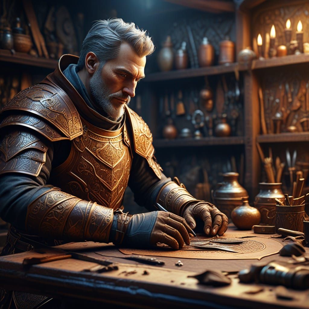 Mystical Leatherworker Crafting Armor, Fantasy Art