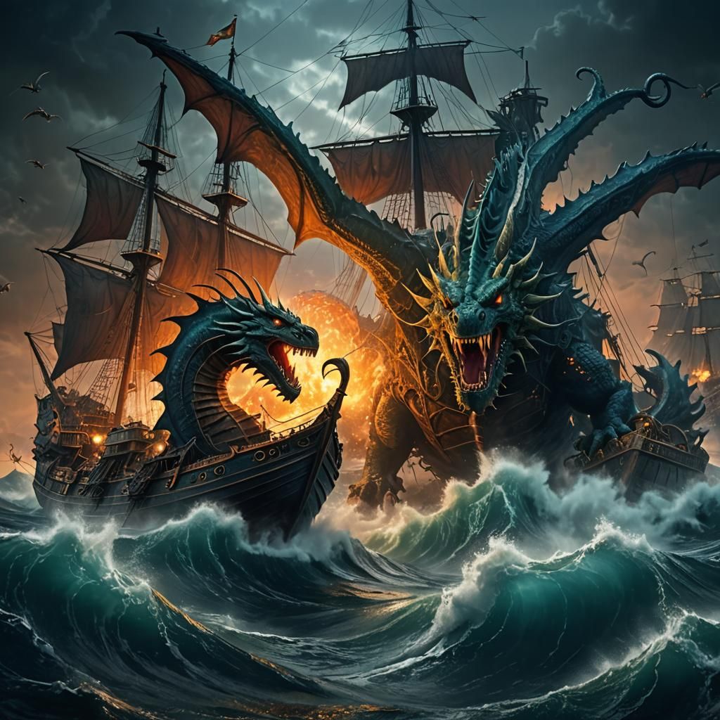 Epic Sea Battle: Dragon vs Cthulhu in Detailed Digital Art