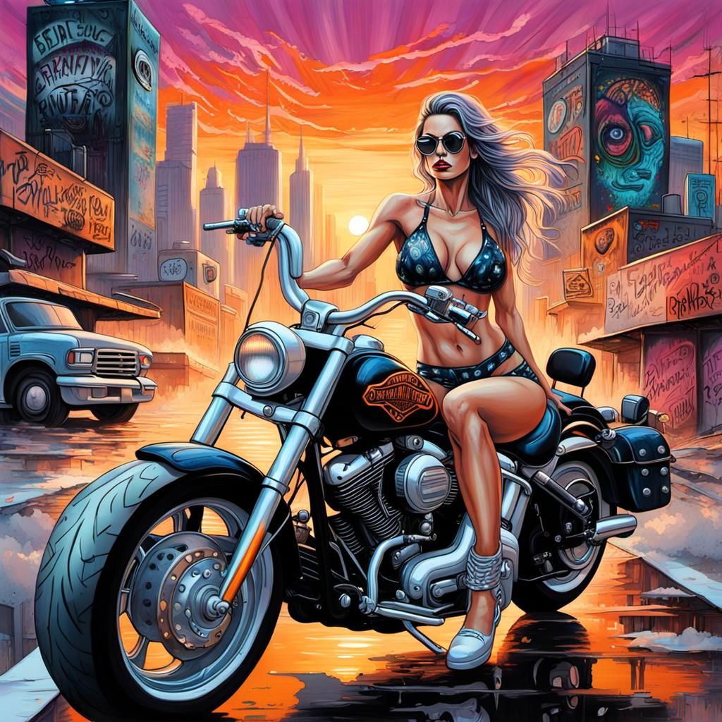 Bikini Woman on Harley in Dystopian Graffiti Art