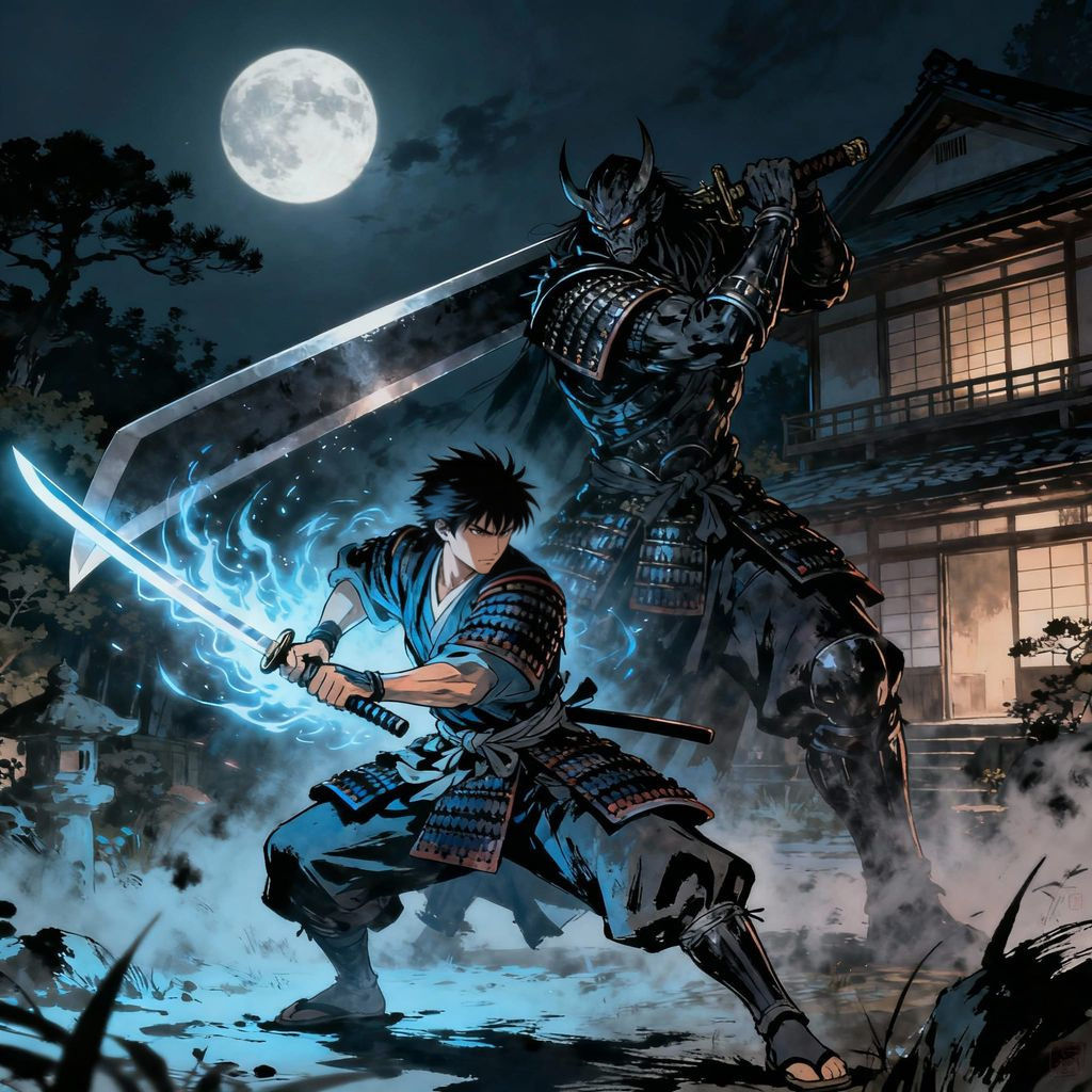 Anime Samurai Hero Faces Villain in Dark Fantasy Battle
