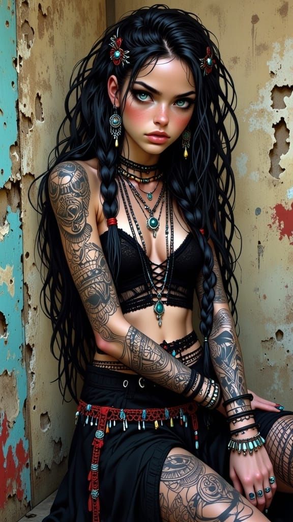 Gothic Bohemian Woman with Piercings and Tattoos