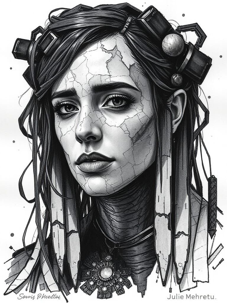 Mysterious Oracle Portrait in Fluid Ink and Geometric Lines