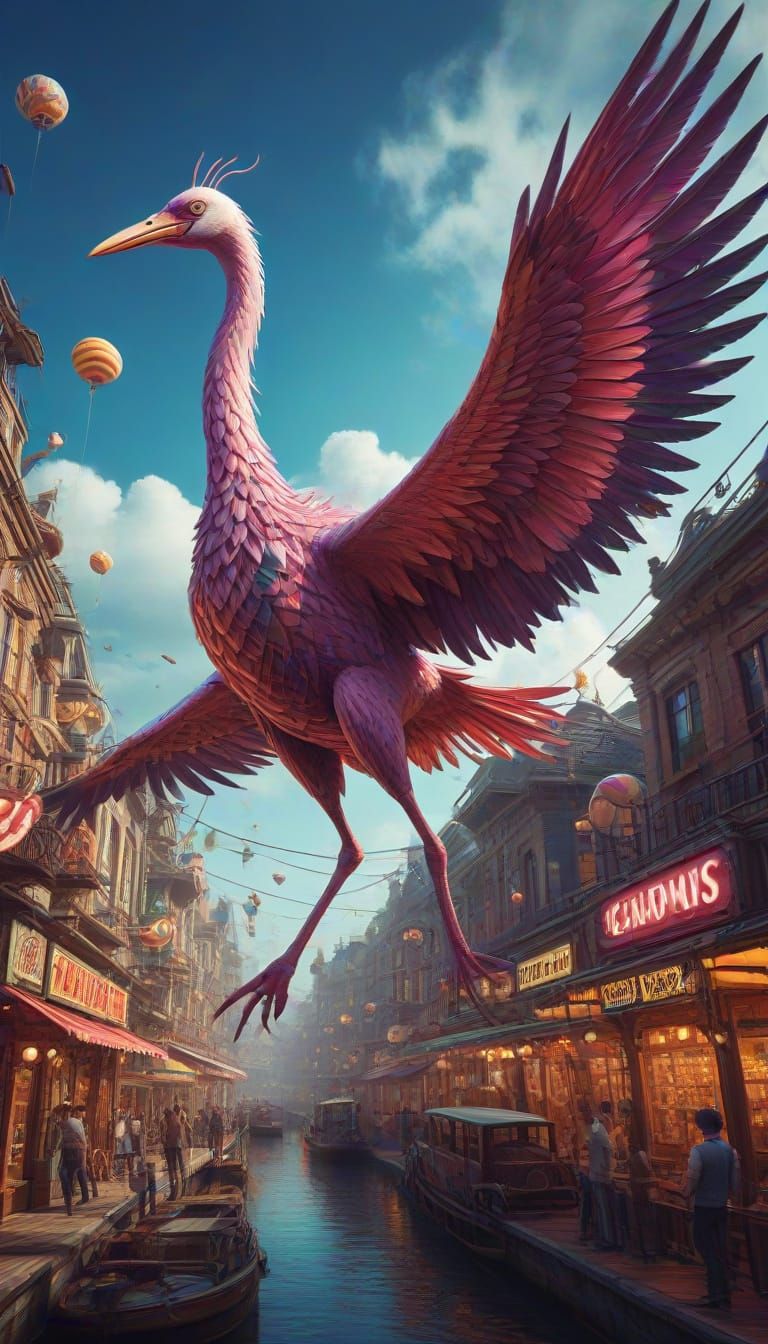 Vibrant Steam Punk Crane Assault in Neon Hues