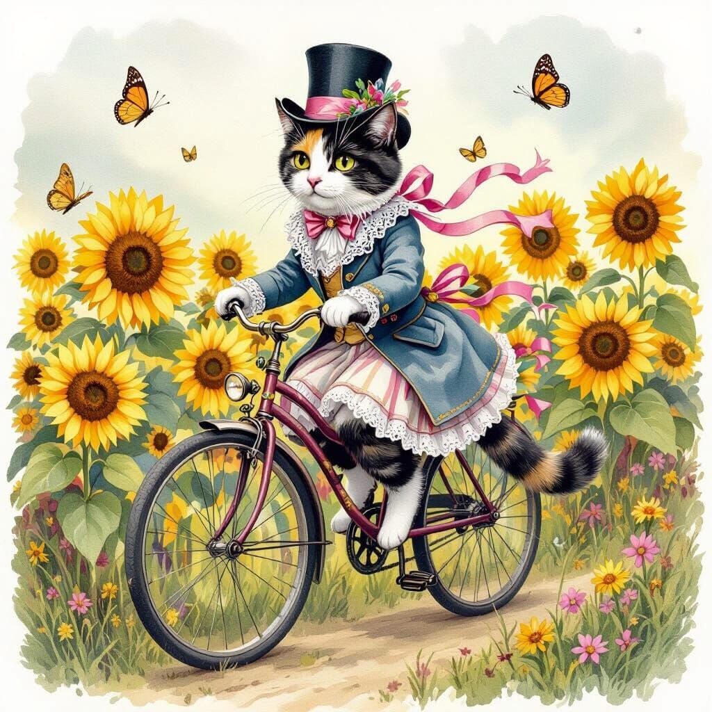 Calico Cat's Penny-Farthing Ride: Watercolor Adventure